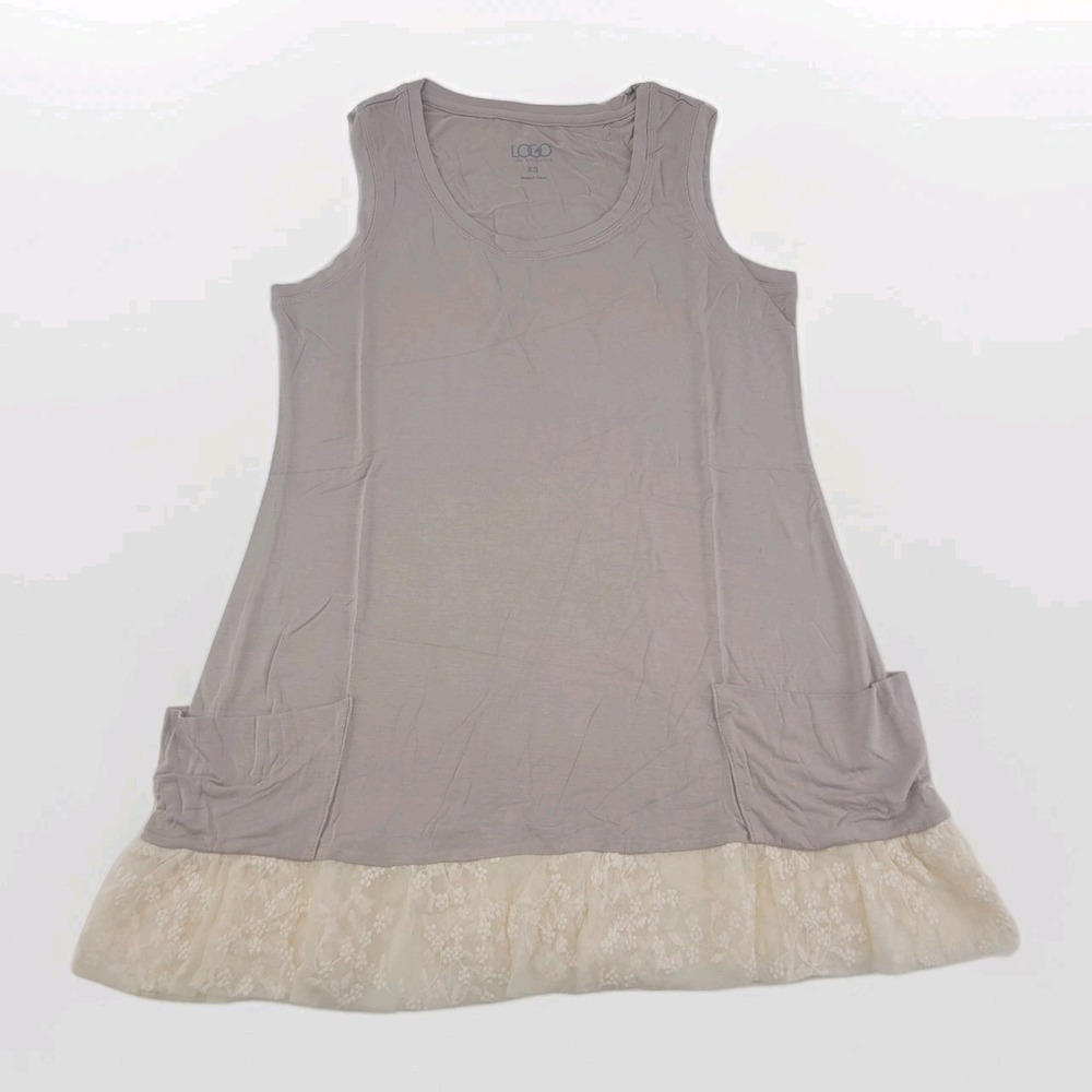 LOGO Lori Goldstein Tank Dress A254033 XS Chamomile Lace‎ Hem Knit Pockets